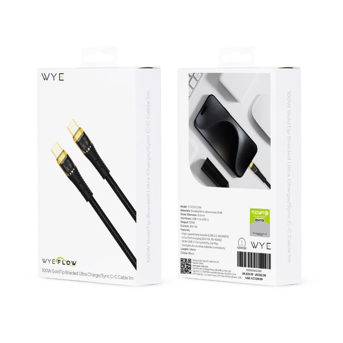 Wyeflow 100W USB-C to USB-C Ultra Fast Charging & Data Cable with Gold Pins – Braided, 1m, Black