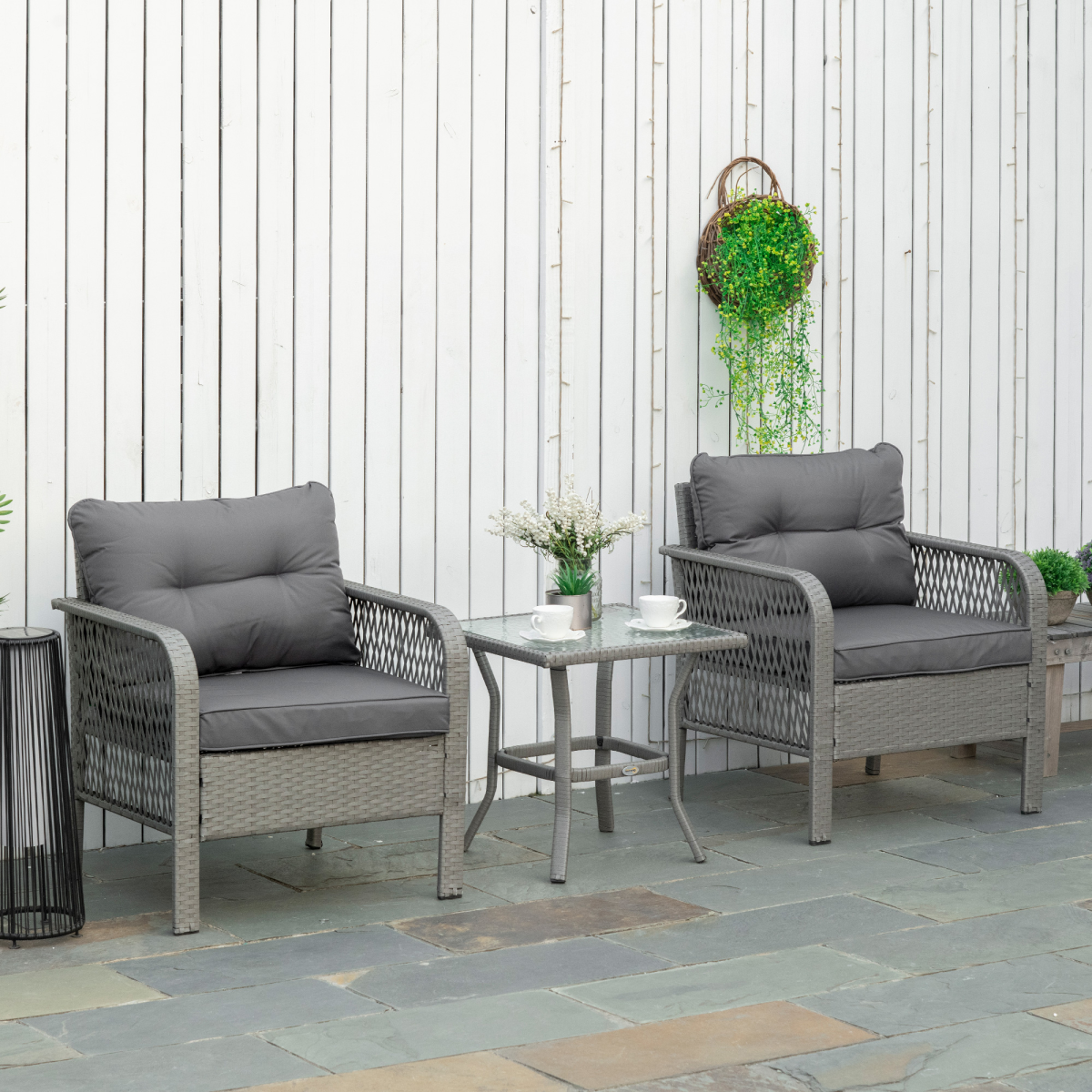 Outsunny 3-Piece PE Rattan Bistro Set with Two Armchairs, Cushions & Tempered Glass Table – Patio