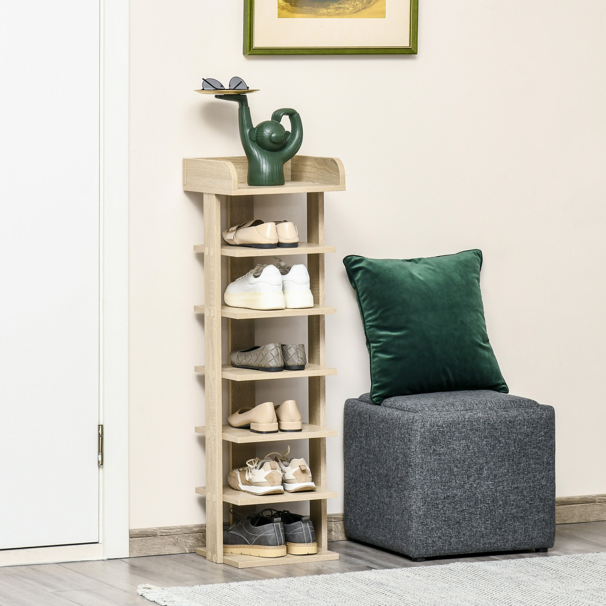 7-Tier Wooden Shoe Rack Display Shelf – Slim Vertical Hallway Storage, Oak