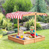 Outsunny Kids Wooden Sandbox with Height-Adjustable Canopy & Bottomless Liner – Outdoor Sand Pit, Fir Wood