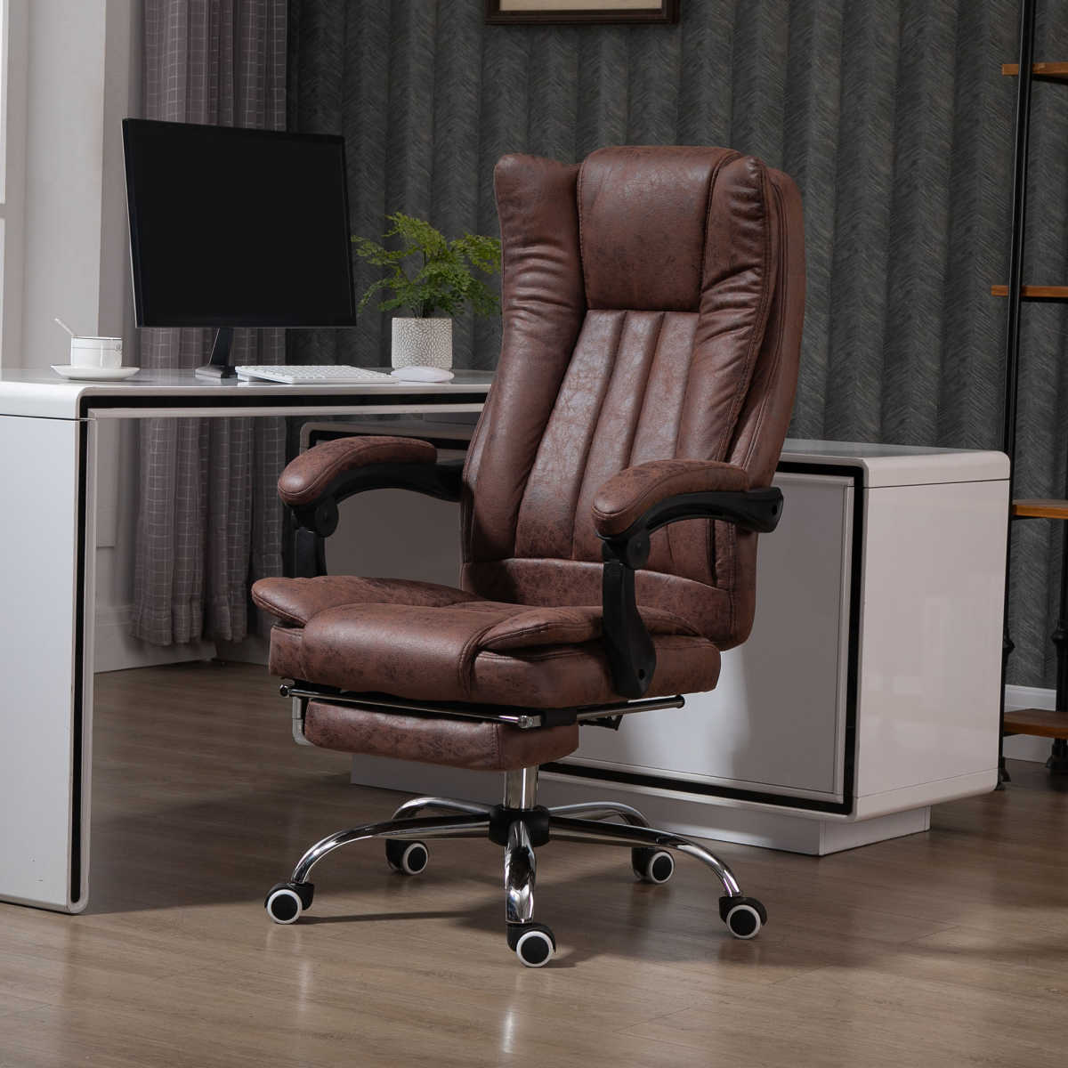 Executive Swivel Office Chair with Padded Armrests & Footrest – Home Office Computer Chair, Brown