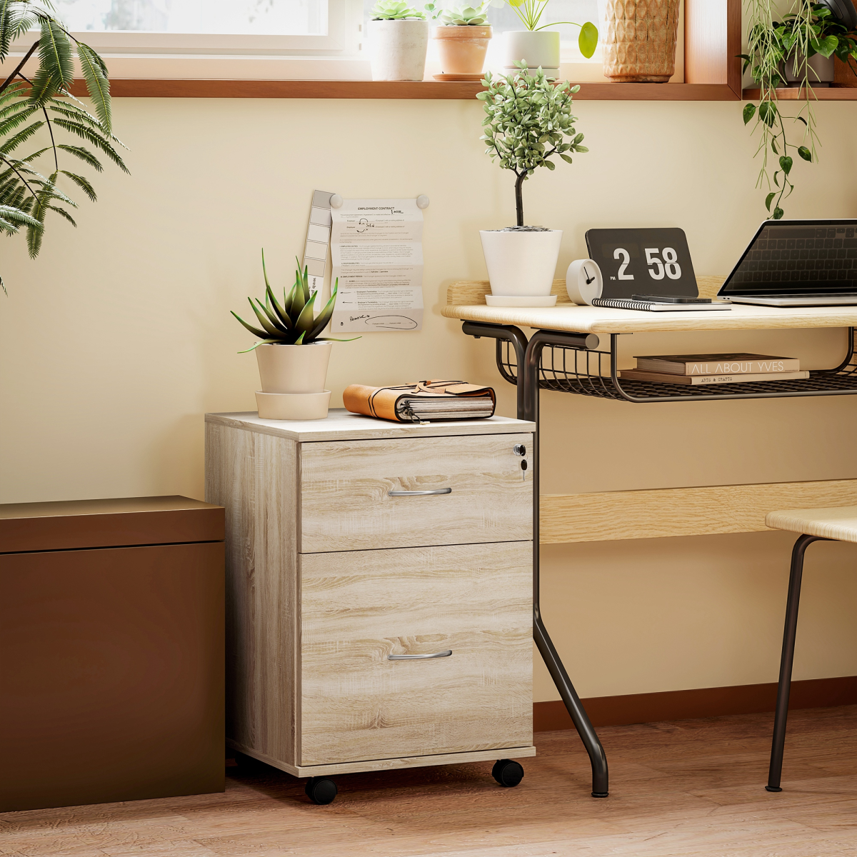 HOMCOM Mobile Pedestal Filing Cabinet with 2 Drawers, Lockable Top & Wheels – Office Storage, Oak Effect