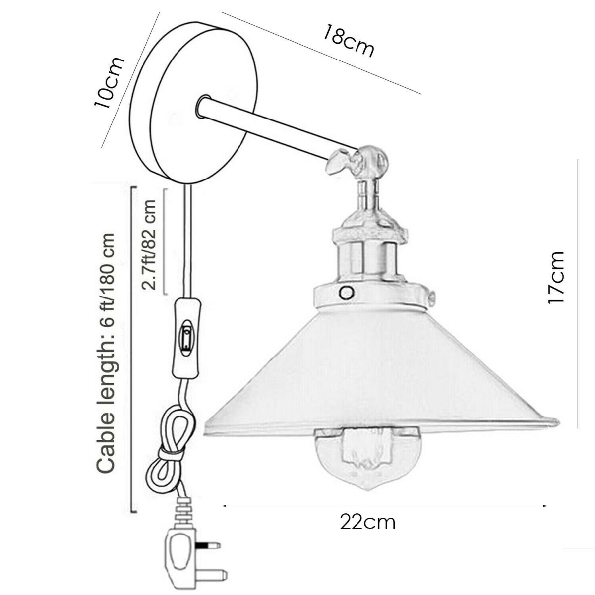 LEDSone Vintage Plug-In Wall Light with 180cm Cord, E27 Holder & Free Bulb – Industrial Sconce, Black