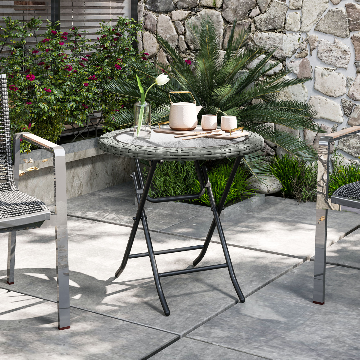 Outsunny Folding Round Garden Table with Tempered Glass Top and PE Rattan Edging – Patio Table, Grey