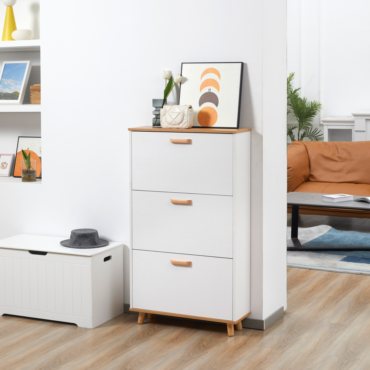 HOMCOM Slim 12 Pair Shoe Storage Cabinet with 3 Flip Drawers – Space Saving Hallway Organiser