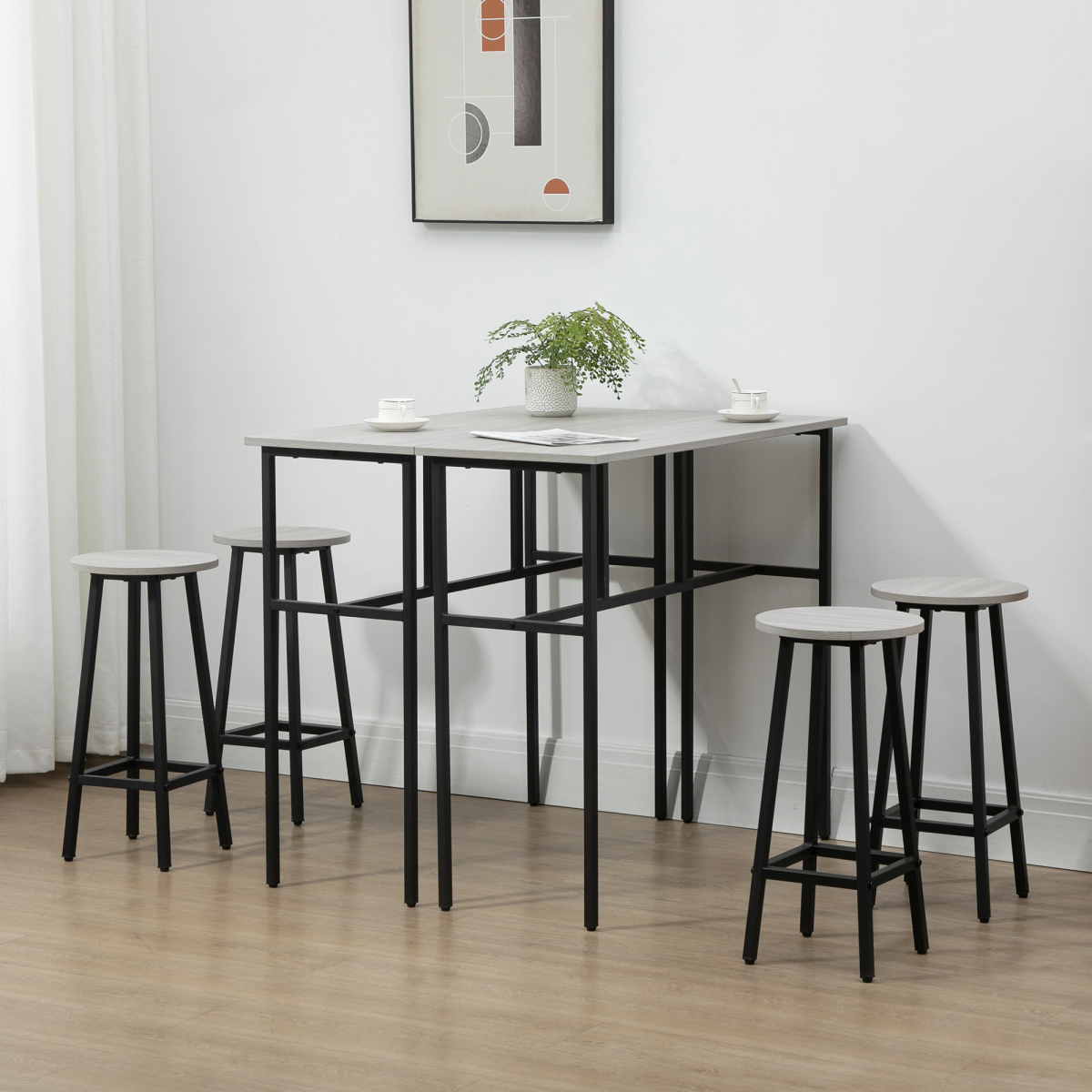 HOMCOM 6-Piece Bar Table Set with 2 Breakfast Tables and 4 Stools – Space-Saving Kitchen Furniture, Grey
