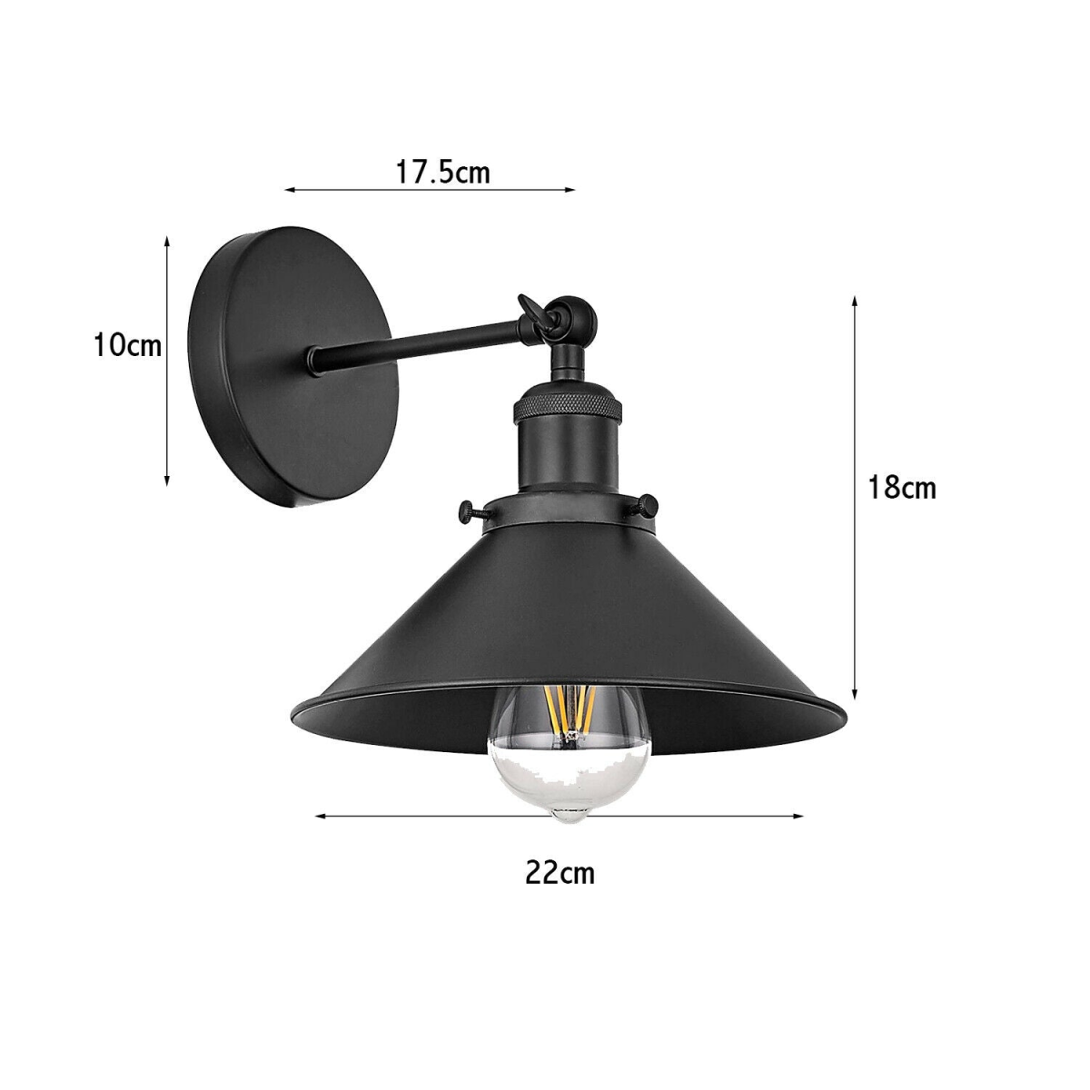 LEDSone Vintage Wall Sconce with Black Cone Metal Shade – E27 Retro Wall Light for Home, Restaurants & Cafés