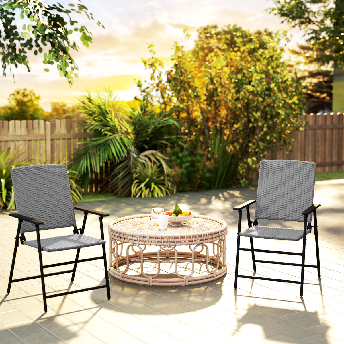 Outsunny Set of 2 Foldable Rattan Garden Chairs with Armrests and Steel Frame – Patio Seating, Grey