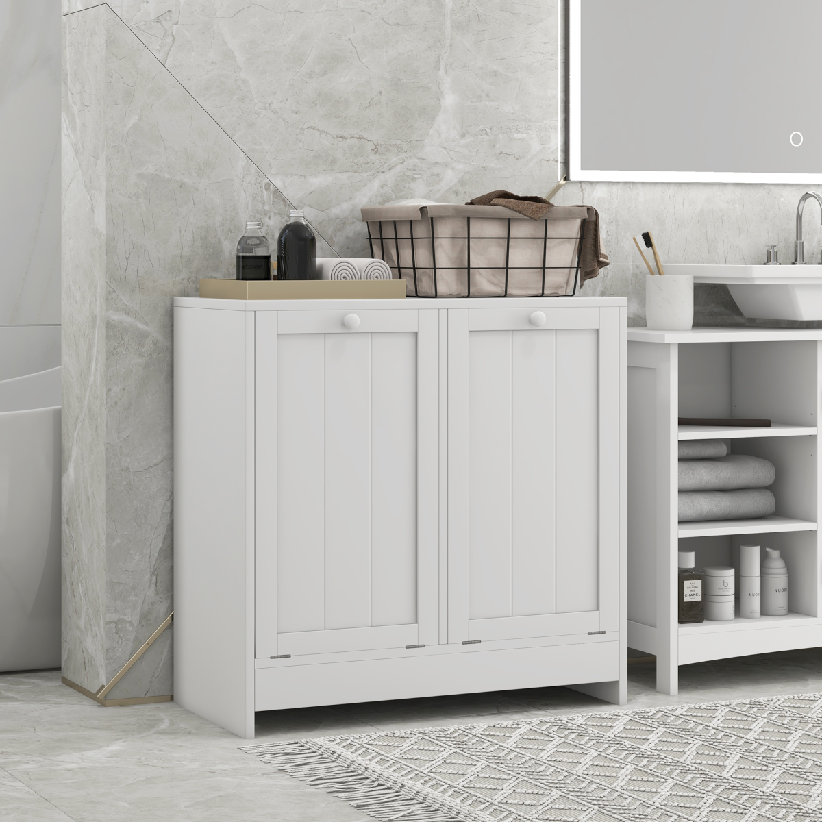 kleankin Tilt-Out Laundry Storage Cabinet with 2 Hampers – Bathroom & Bedroom Laundry Sorter, White