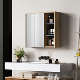 HOMCOM Wall-Mounted Bathroom Mirror Cabinet with Five Shelves and Two Mirrored Doors, Natural