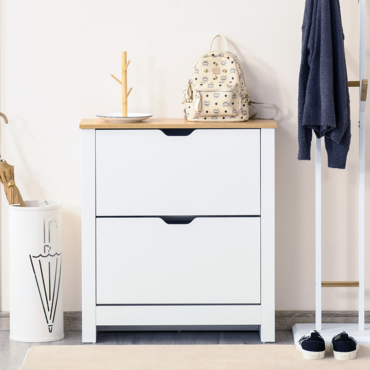 HOMCOM 12-Pair Shoe Storage Cabinet with 2 Pull-Out Drawers & 4 Shelves – Hallway Shoe Rack, White