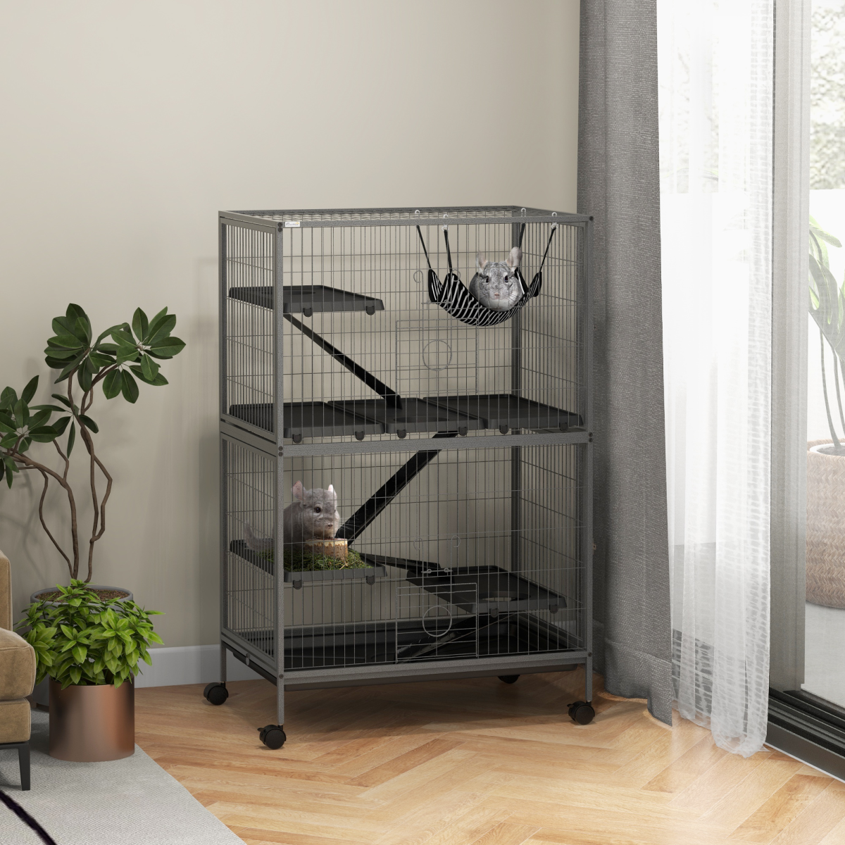 PawHut Multi-Level Small Animal Cage on Wheels with Hammock & Tray – Chinchilla, Ferret & Kitten Habitat, Grey