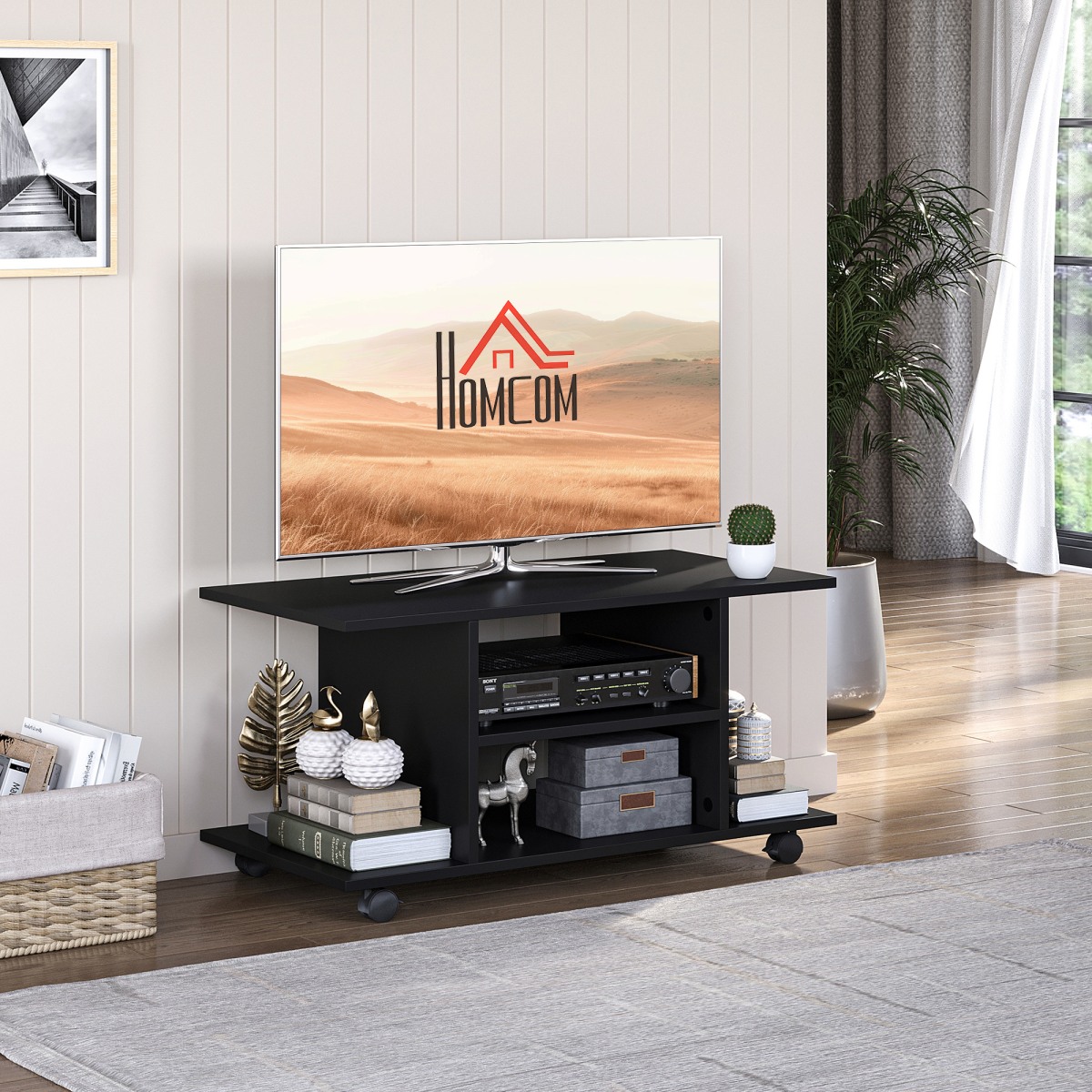 HOMCOM Mobile TV Stand Bookshelf with 3 Tiers and Lockable Castor Wheels – Modern Storage Cabinet, Black