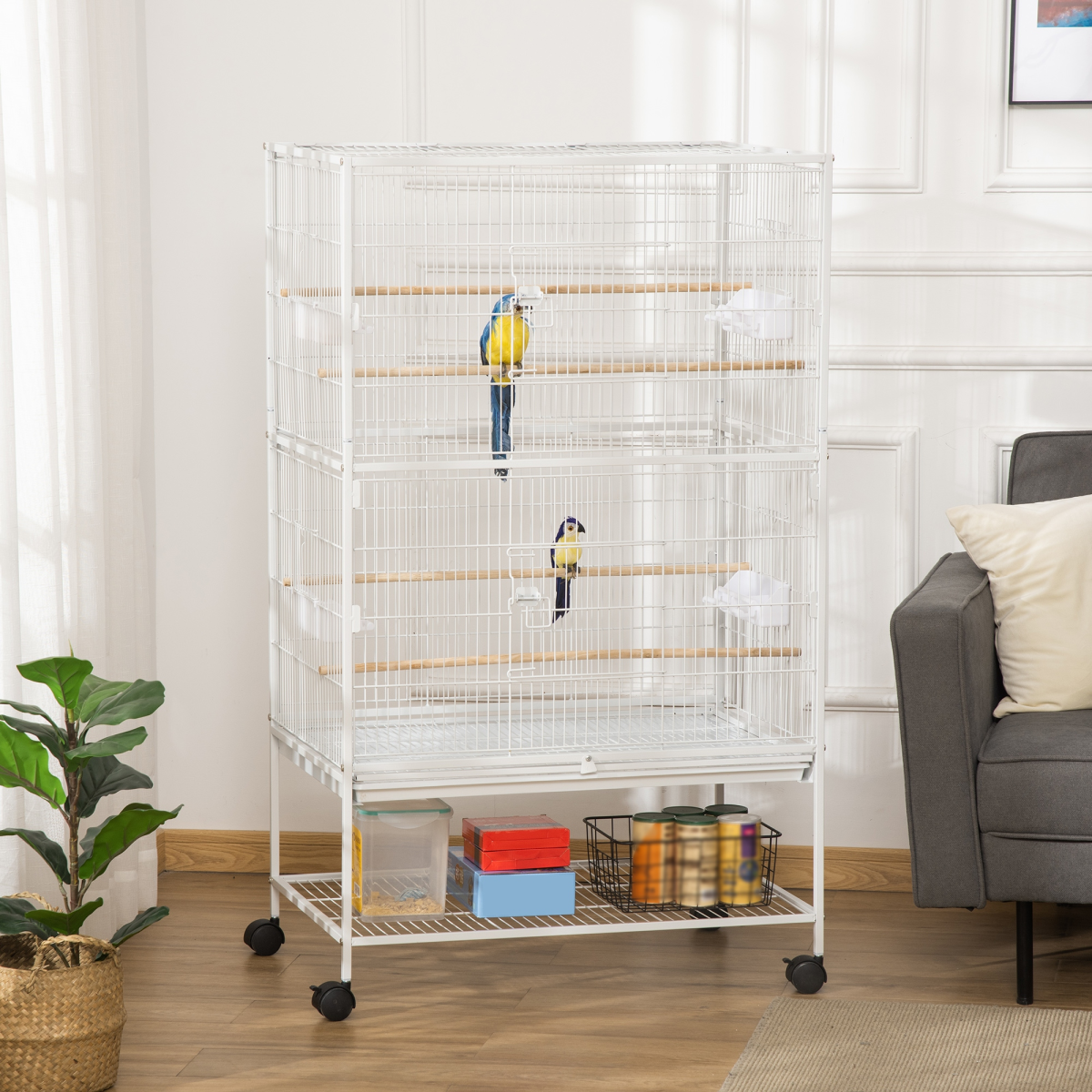 Pawhut Large Bird Cage with Rolling Stand, 4 Perches & Tray – For Budgies, Finches and Canaries, White