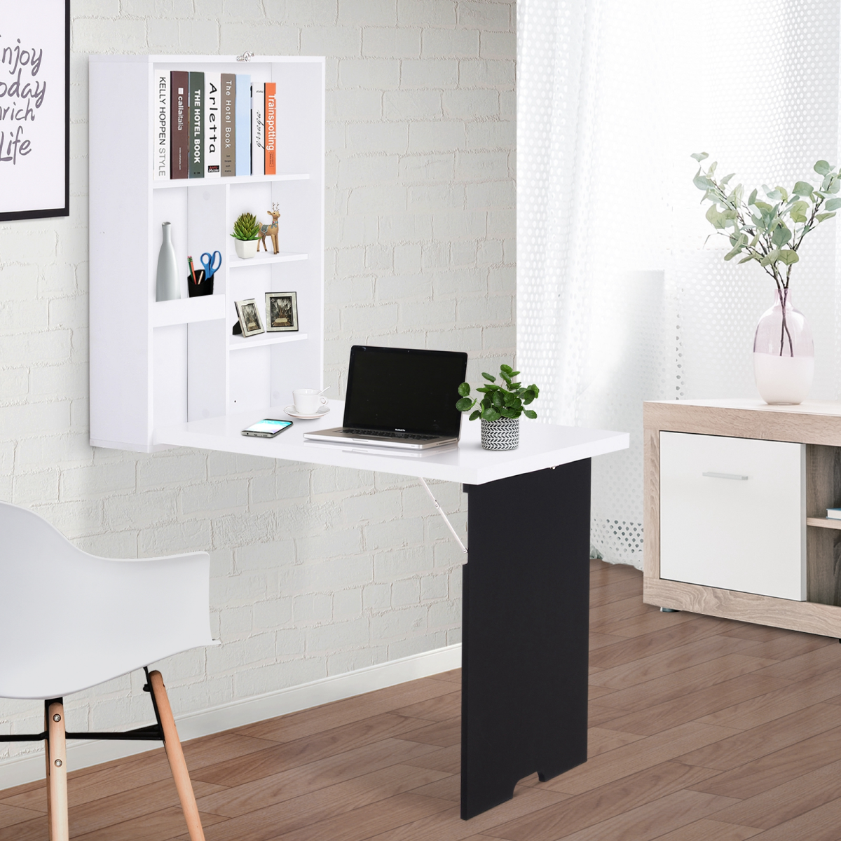HOMCOM Wall-Mounted Folding Drop-Leaf Table with Chalkboard Surface & Storage Shelf – White