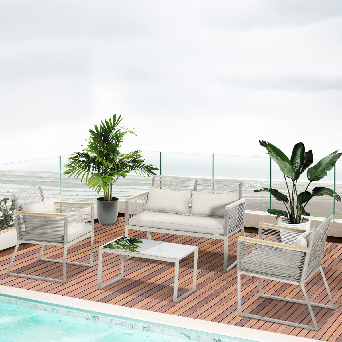 Outsunny Rattan Patio Sofa Set glass top table detail