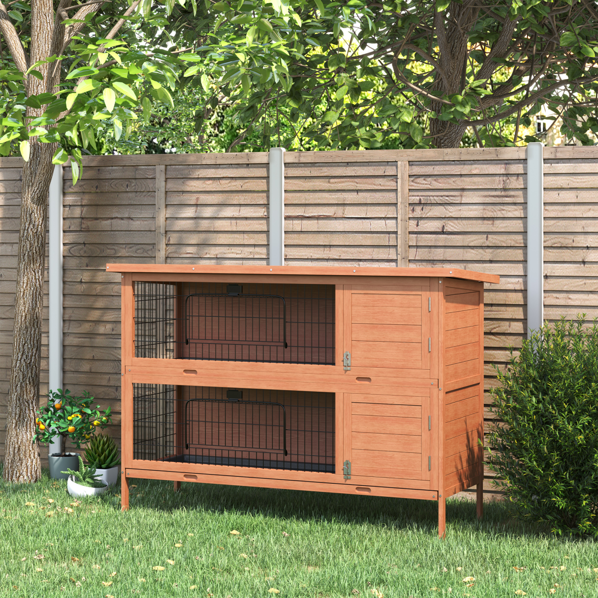 Pawhut Two-Tier Rabbit Hutch with Removable Trays and Divider – Outdoor Guinea Pig Cage, Orange