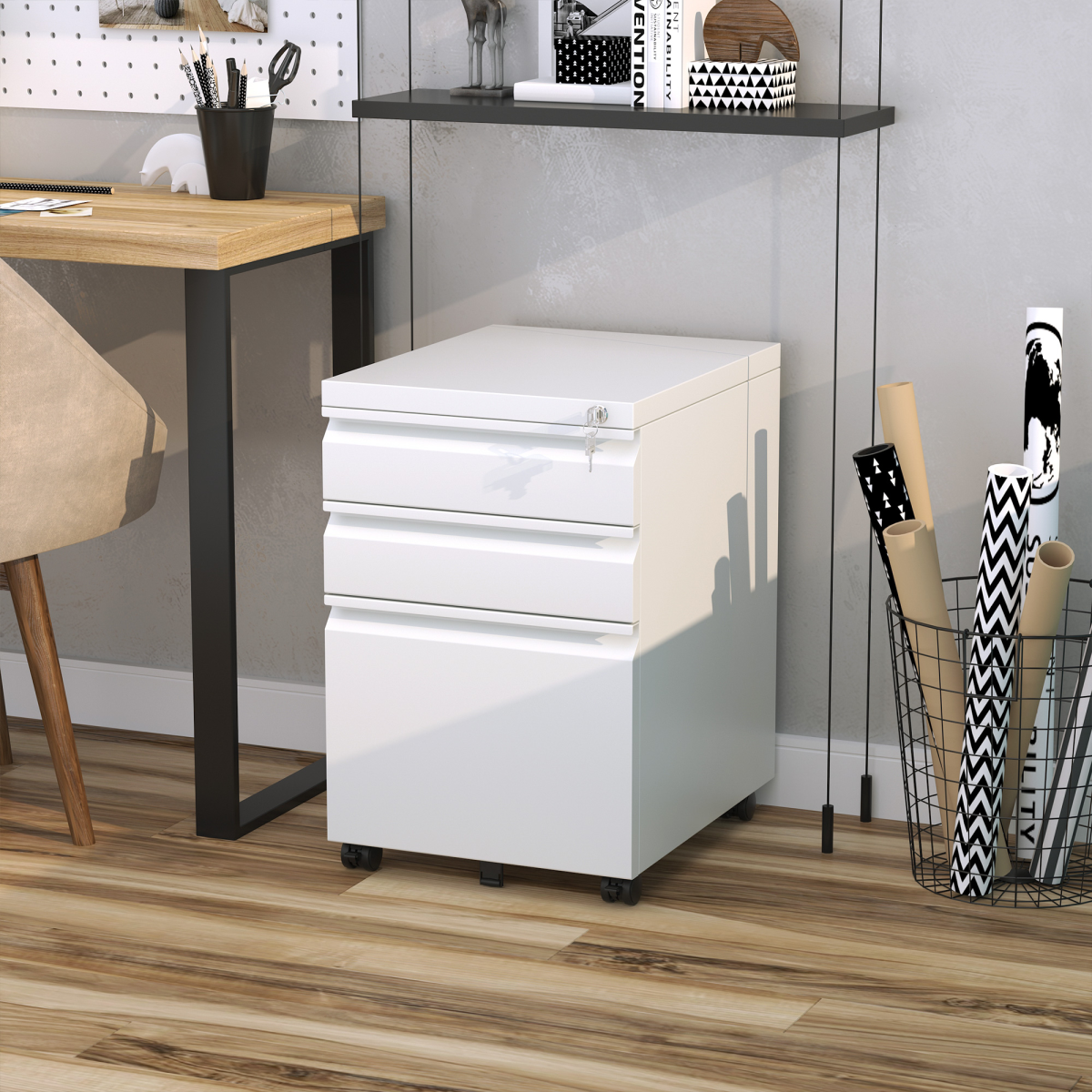 Vinsetto Mobile Vertical 3-Drawer Lockable Metal Filing Cabinet with Wheels – Under-Desk Office Storage