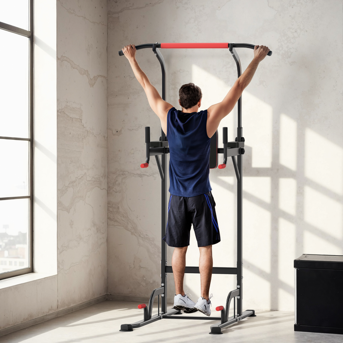 HOMCOM Power Tower Station with Pull Up Bar & Dip Station – 7 Height Levels, Home Gym Upper Body Workout