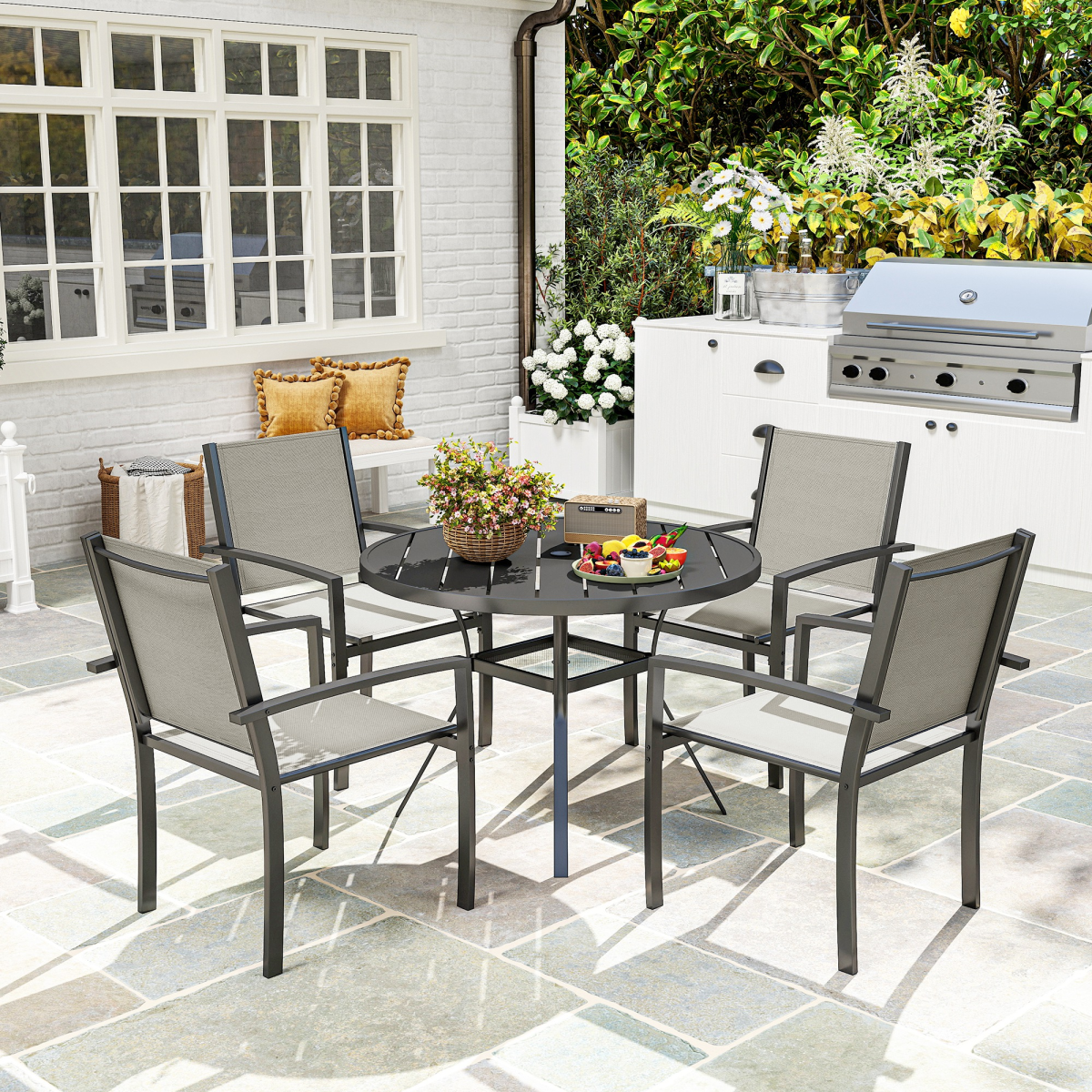 Outsunny 5-Piece Garden Dining Set with Round Table & 4 Stackable Chairs – Patio Furniture, Dark Grey