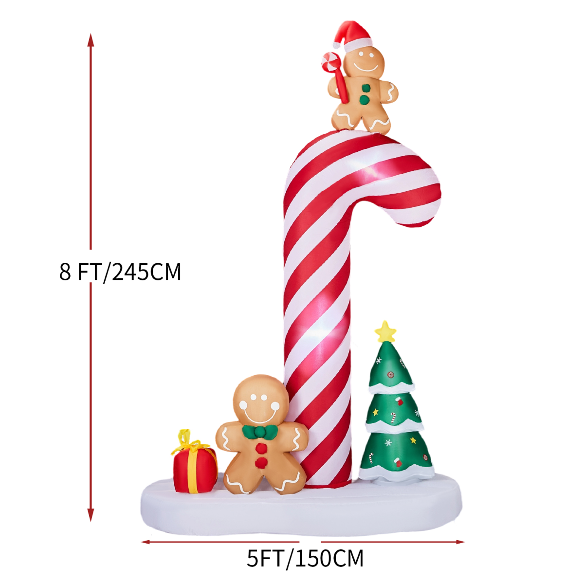 2.45m Light-Up Inflatable Candy Cane with Gingerbread Men – Christmas Blow-Up Decoration with Built-In LEDs
