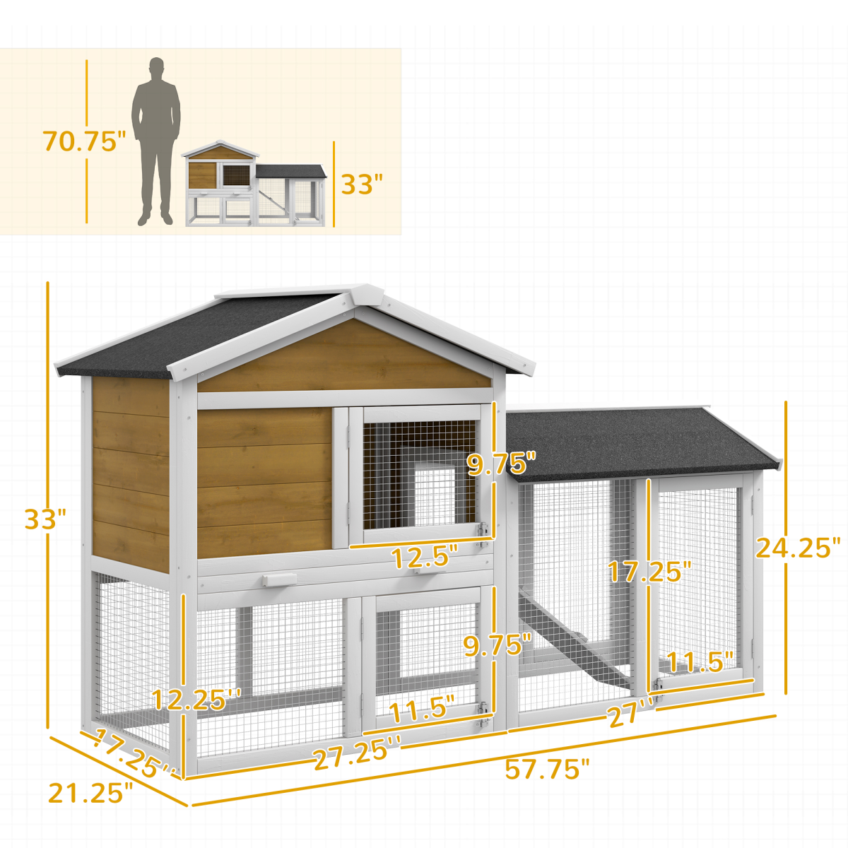 2-Storey Wooden Rabbit Hutch with Run, Slide-Out Tray & Ramp – Indoor/Outdoor Fir Wood Small Animal Cage