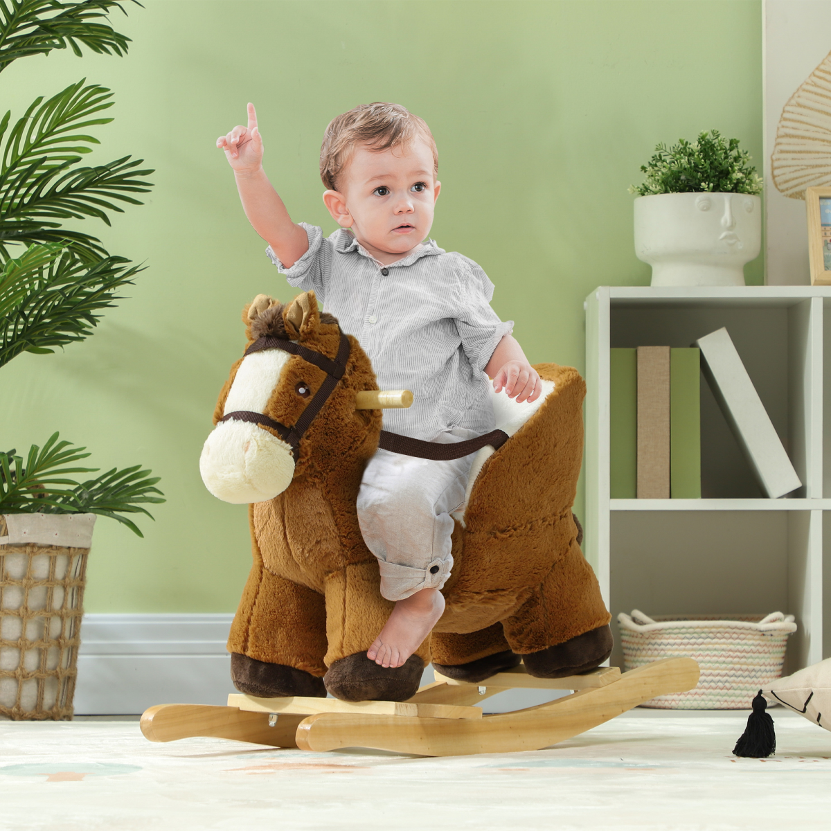 AIYAPLAY Kids Rocking Horse with Neighing Sounds, Safety Belt and Footrest – Toddler Ride On, Brown