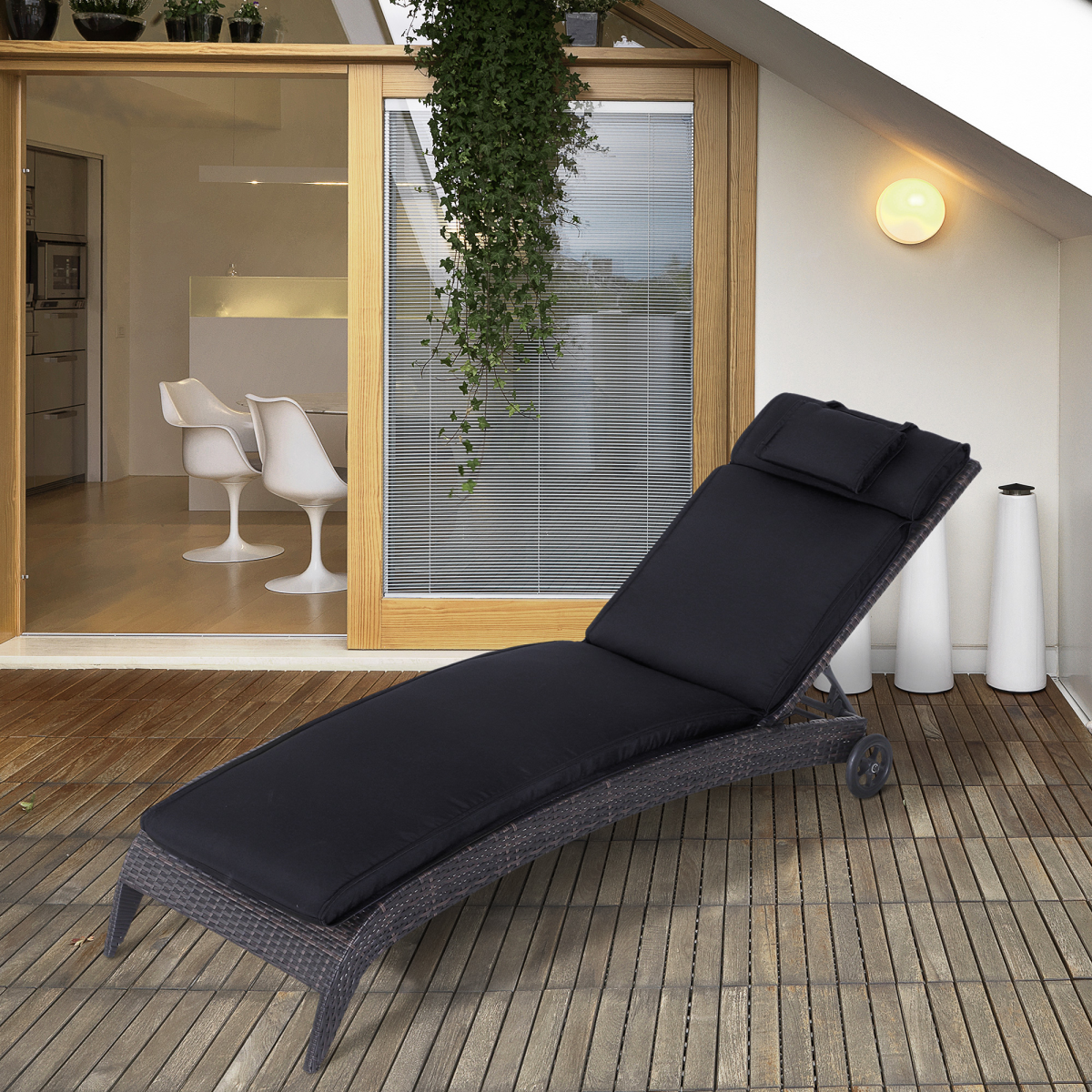 Outsunny Sun Lounger Cushion with Head Pillow and Side Ties – Indoor & Outdoor Reclining Relaxer Pad, Black