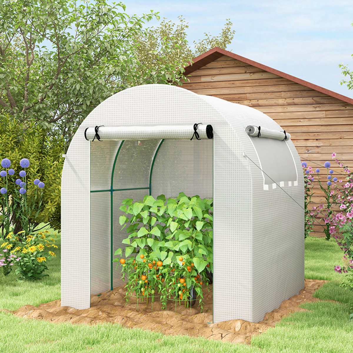 Outsunny 180 x 180 x 200cm Walk-In Polytunnel Greenhouse with Roll-Up Door and Window, PE Cover, White