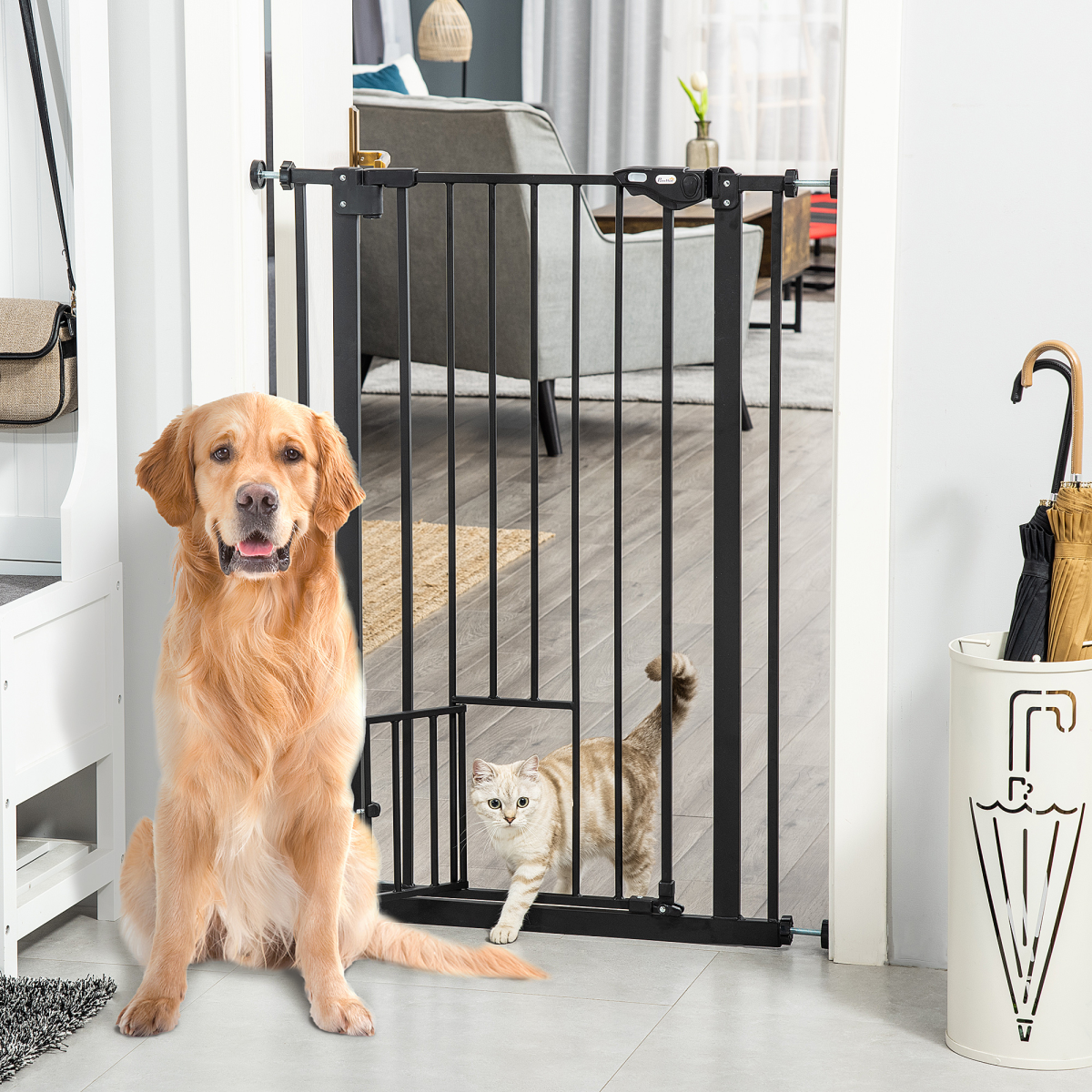 PawHut Extra Tall Auto-Close Dog Gate with Cat Door, 74–80cm – Steel Stair Gate with Rotatable Locks