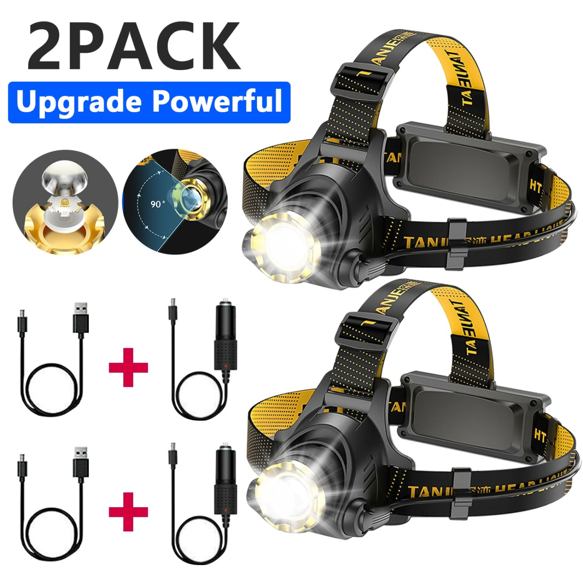 2 Pack USB Rechargeable LED Headlamps with 3 Light Modes & Zoomable Beam – Camping Head Torches, Chargers