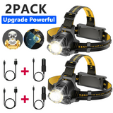 2 Pack USB Rechargeable LED Headlamps with 3 Light Modes & Zoomable Beam – Camping Head Torches, Chargers