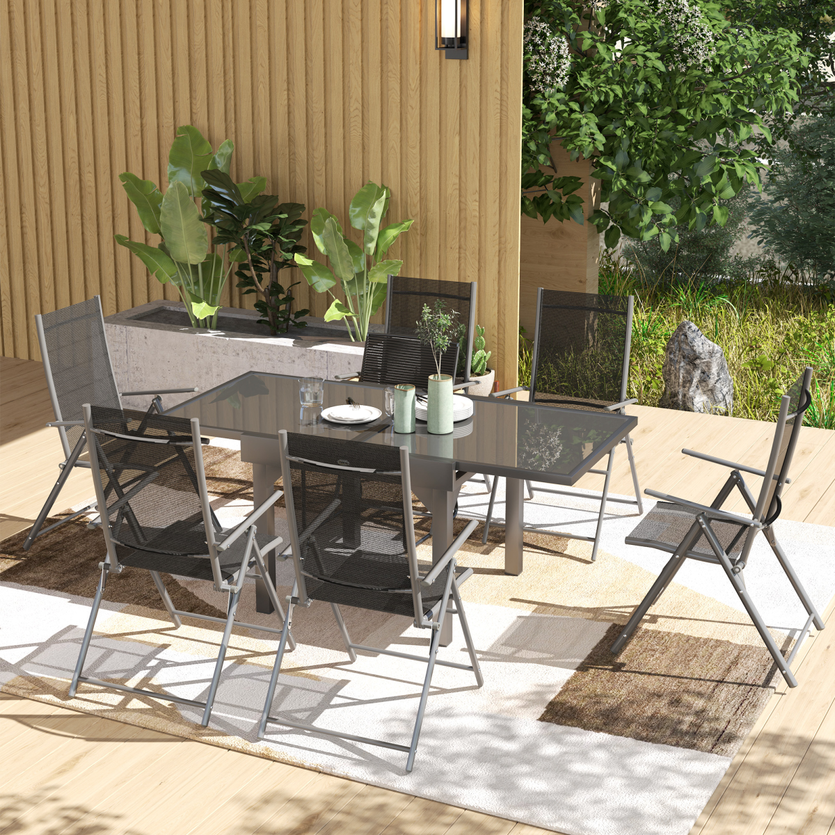 Outsunny 7-Piece Expandable Dining Set for 4–6 with Foldable Armchairs & Tempered Glass Table, Grey