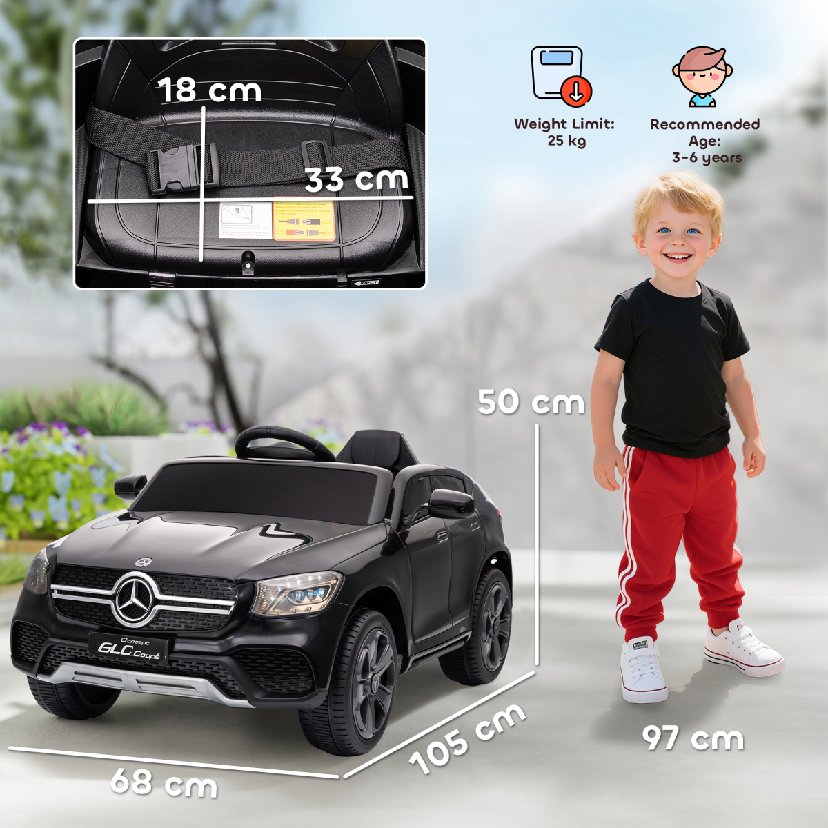 Mercedes-Benz GLC Coupe 12V Electric Ride-On Car with 2.4G Remote, MP3 Player & LED Lights – Kids, Black