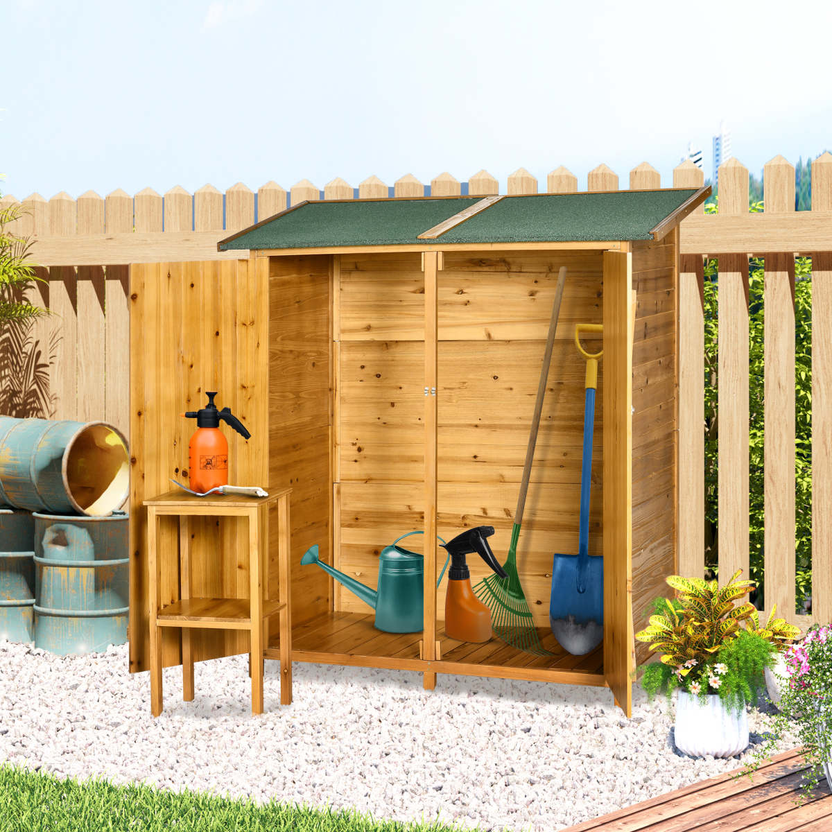 Outsunny Garden Storage Shed Tool Organiser with Removable Table and Lockable Door – 140 x 75 x 157 cm