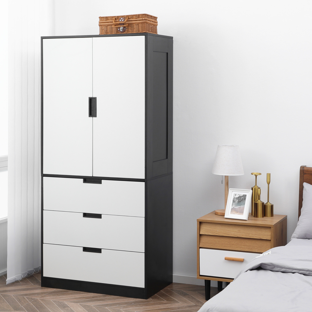HOMCOM Modern 2 Door Wardrobe with 3 Drawers & Hanging Rod – Bedroom Clothes Storage, White