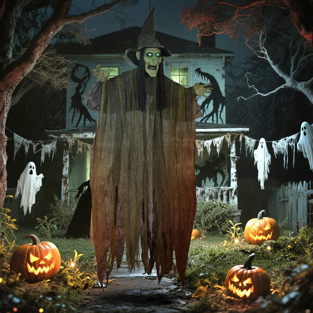 Outsunny Voice Activated Halloween Animatronic Hanging Witch – 170 cm Life-Size Decoration, Green