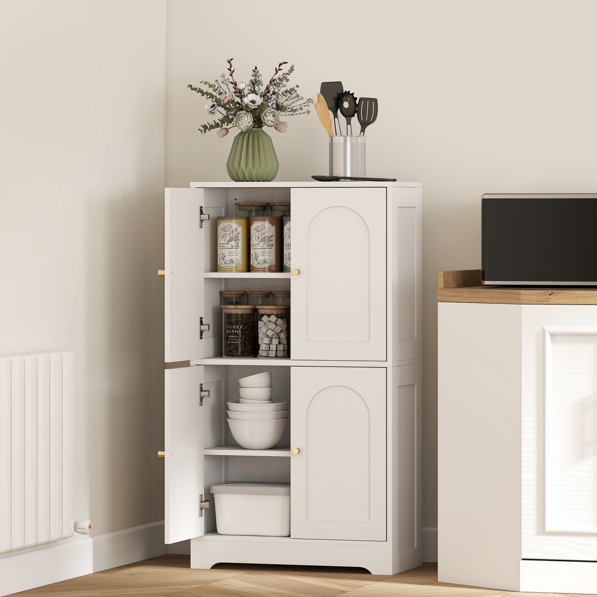 HOMCOM 110cm Kitchen Cupboard with 4 Arched Doors and 2 Adjustable Shelves – Storage Cabinet, White