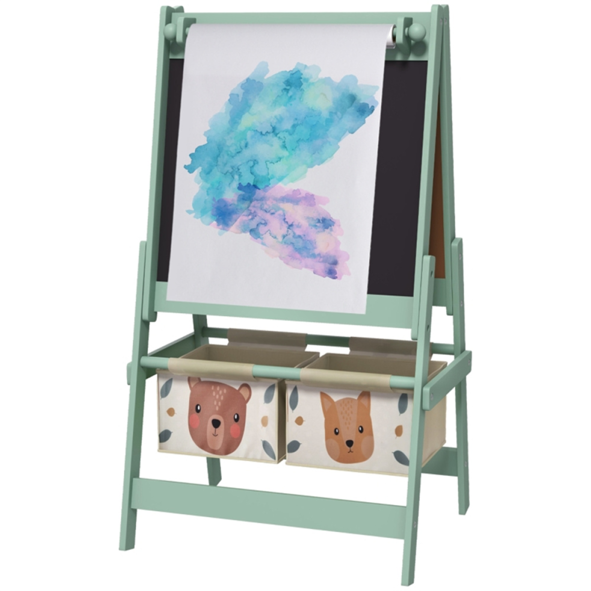 3-in-1 Kids Art Easel with Blackboard, Whiteboard, Paper Roll & Storage Baskets – Ages 3–8, Green
