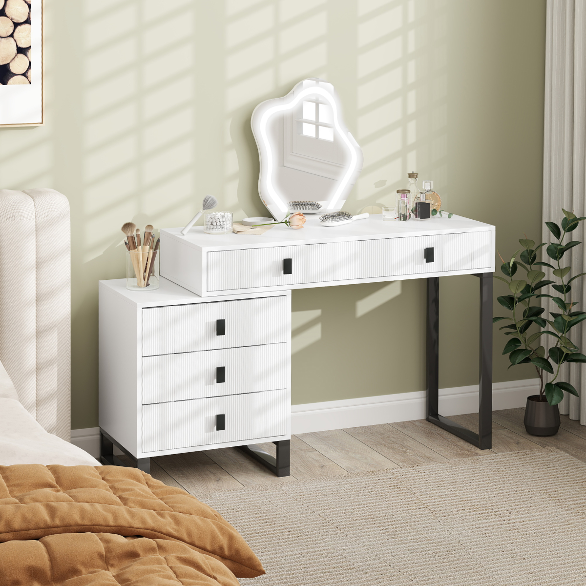 HOMCOM Dressing Table with LED Leaf Mirror, 5 Drawers & USB Power – White