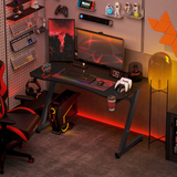 Steel Gaming Desk with Cup Holder & Headphone Hook – Large Desktop, Adjustable Feet, Black
