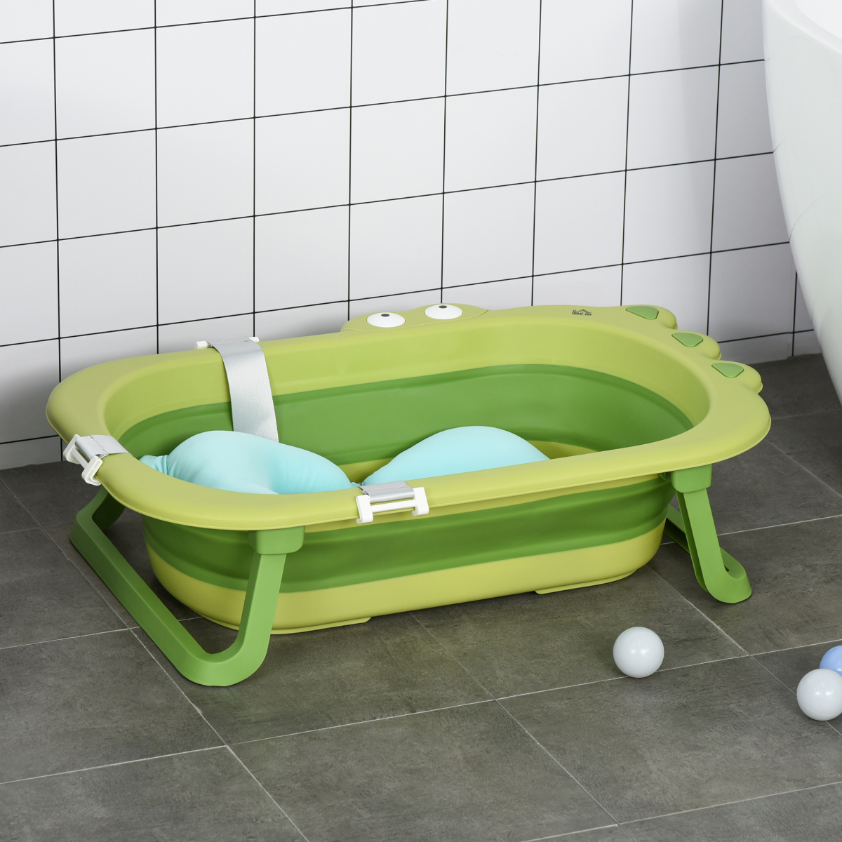 HOMCOM Foldable Baby Bath Tub with Cushion – Crocodile Design Toddler Bath for 0-3 Years, Green