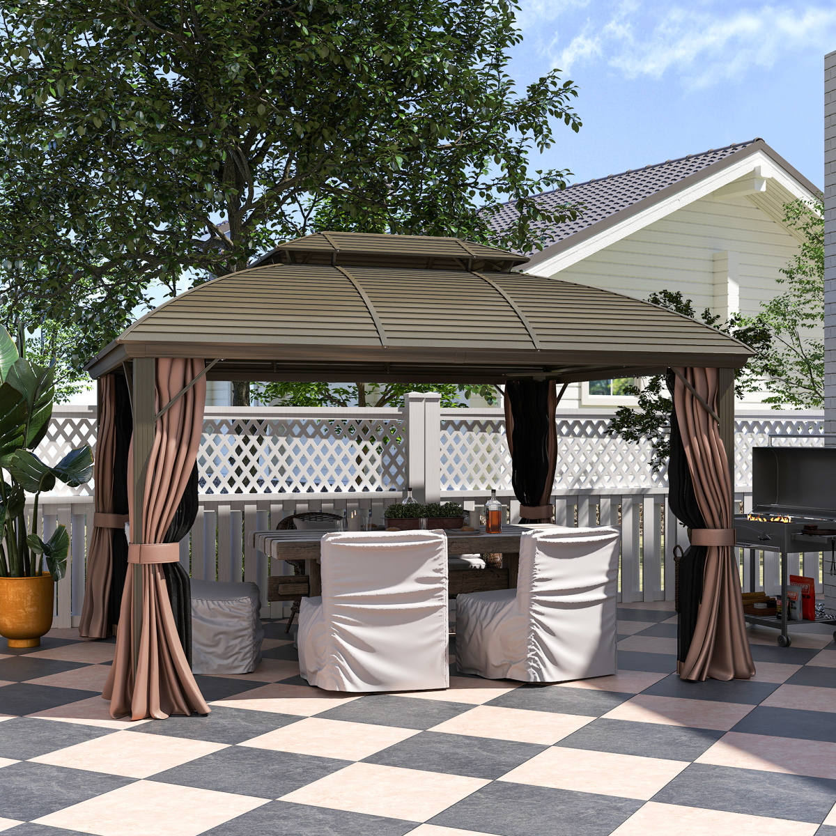 Outsunny 3.65x3m Aluminium Hardtop Gazebo with Double Roof, Mesh Sidewalls & Curtains – Coffee