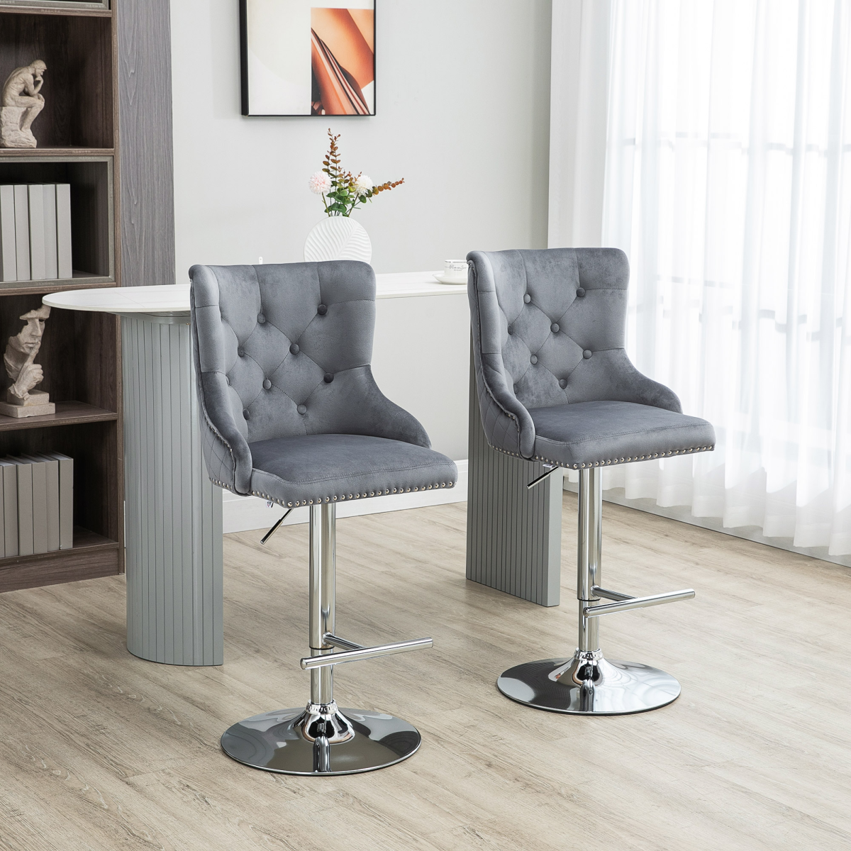 HOMCOM Set of 2 Adjustable Swivel Bar Stools with Backrest & Footrest – Padded Breakfast Bar Seats, Grey