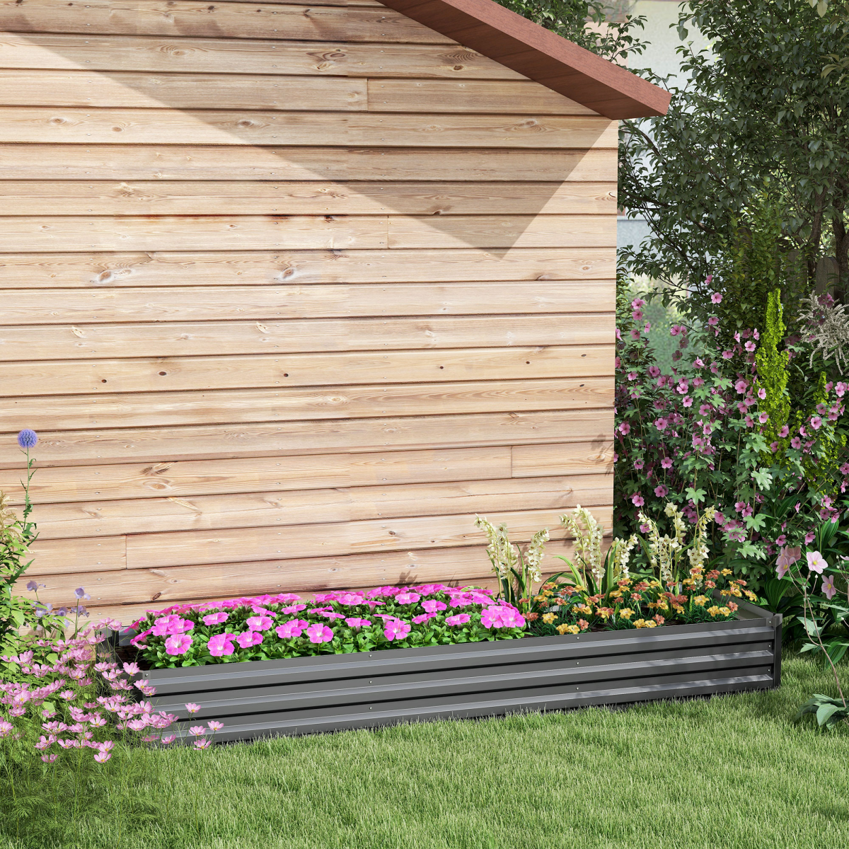 Outsunny Galvanised Steel Raised Garden Bed, 240cm Elevated Planter Box with Open Bottom, Grey