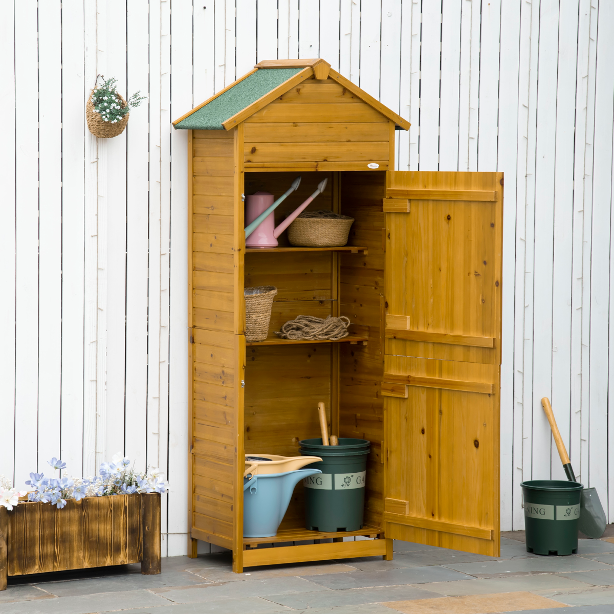 Outsunny Wooden Garden Storage Shed Tool Cabinet with Two Lockable Doors & Shelves – Fir Wood, 191.5cm