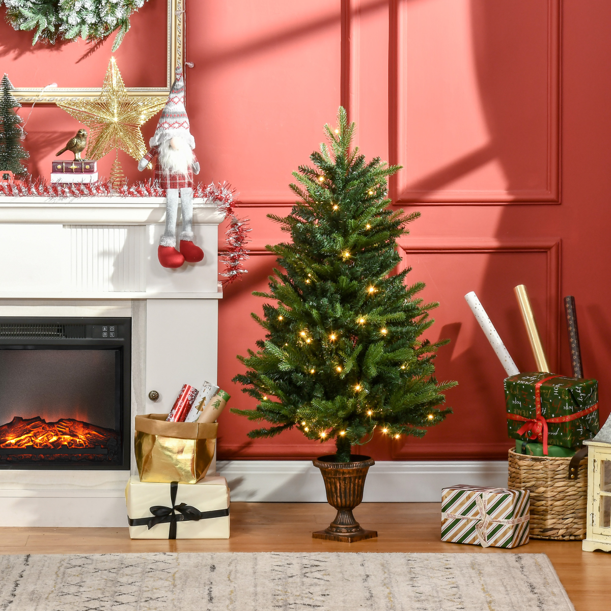 HOMCOM 4ft Pre-Lit Entrance Christmas Tree with 80 LEDs & Vase Base – Festive Porch Decoration