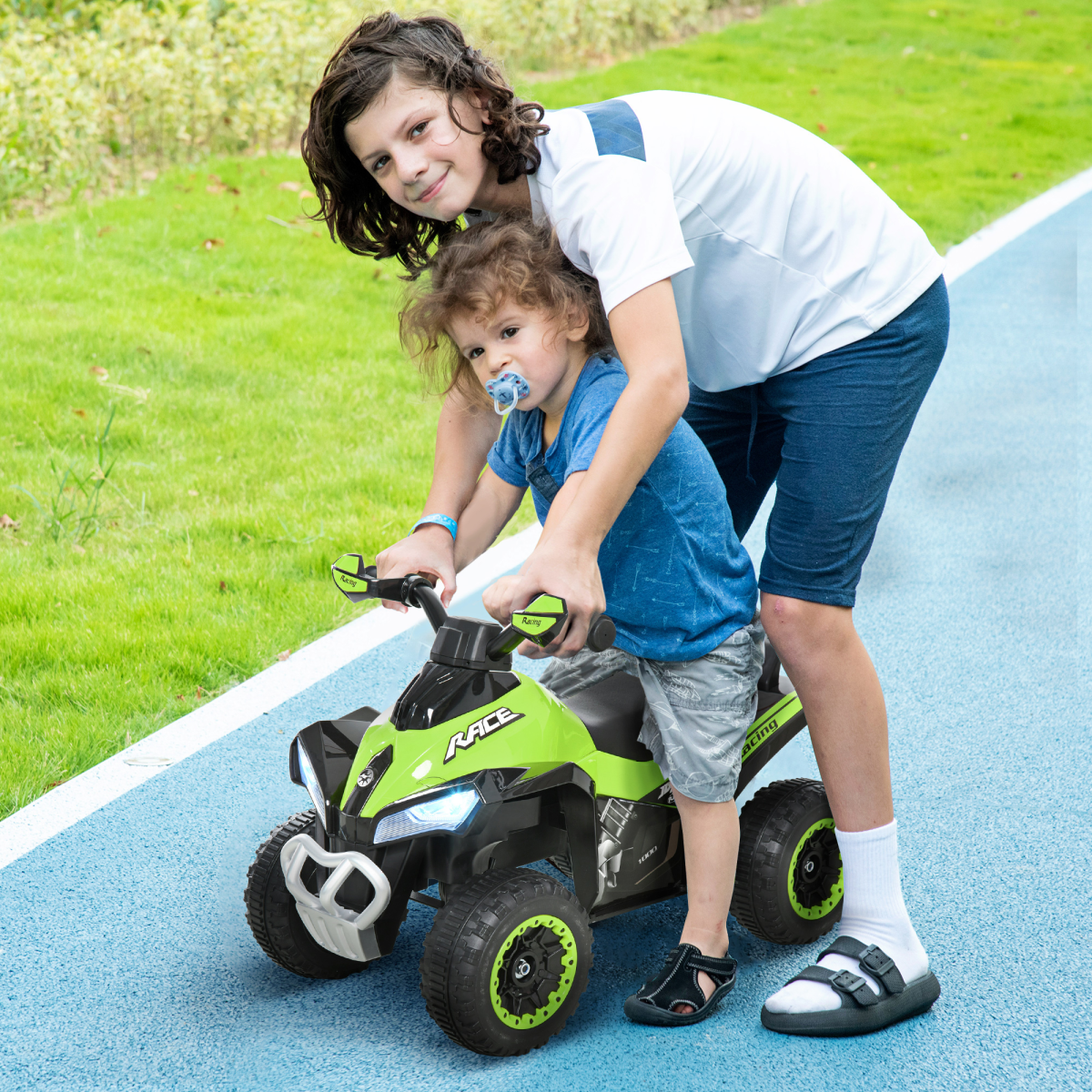HOMCOM 4-Wheel Toddler Ride-On Quad Car with Music & Lights – No-Pedal Foot-to-Floor Walking Car