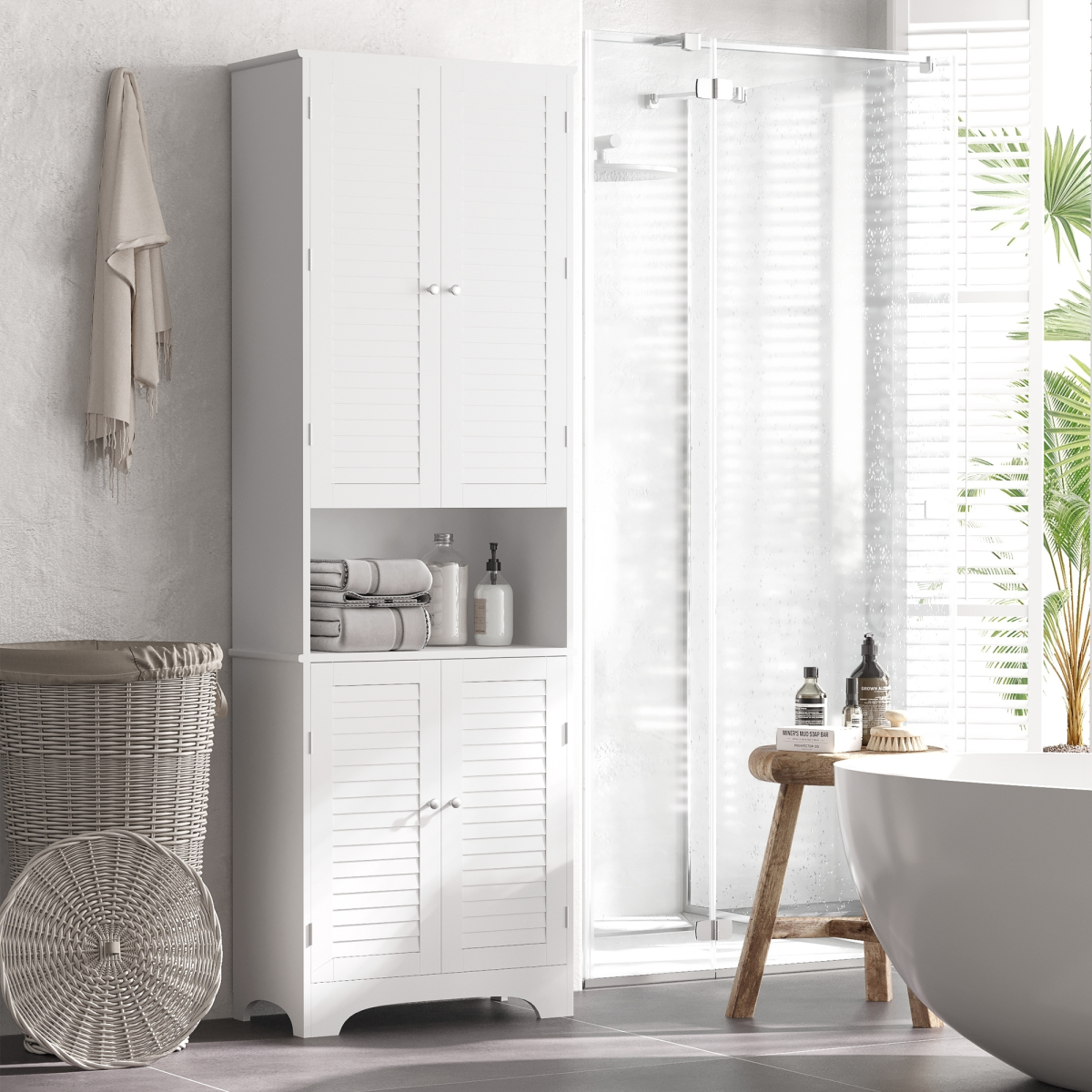 HOMCOM 183cm Tall Slim Bathroom Cabinet with Retro Shutter Doors and 3 Compartments – White
