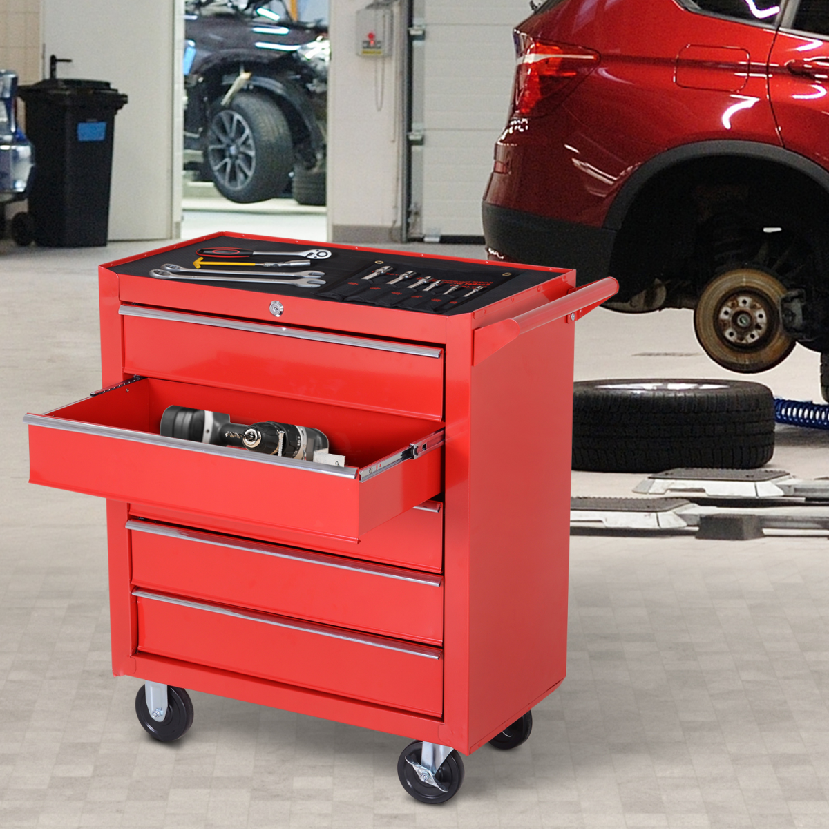 5-Drawer Steel Rolling Tool Cabinet with Castors – Workshop & Garage Storage, Red
